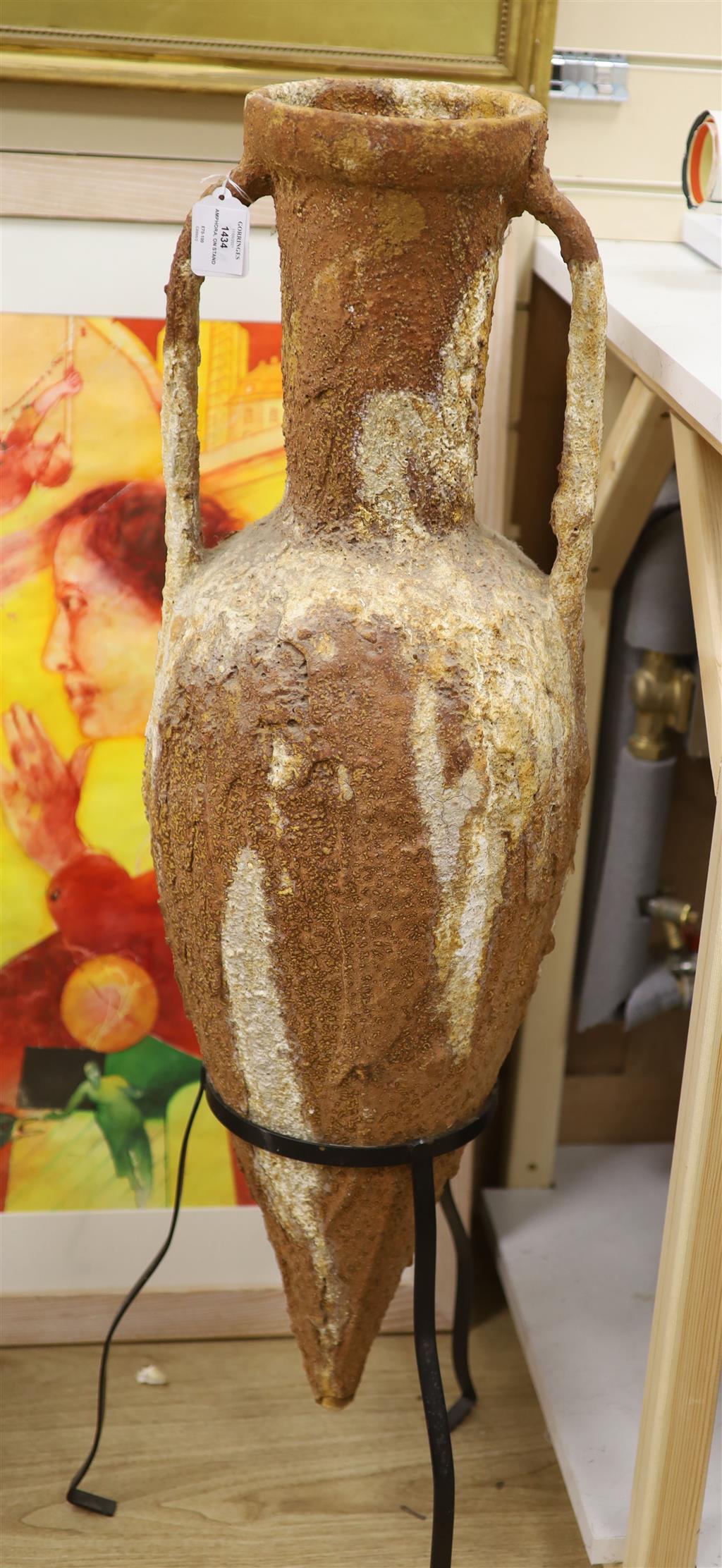 A decorative Roman-style ceramic amphora, on stand, overall height 107cm